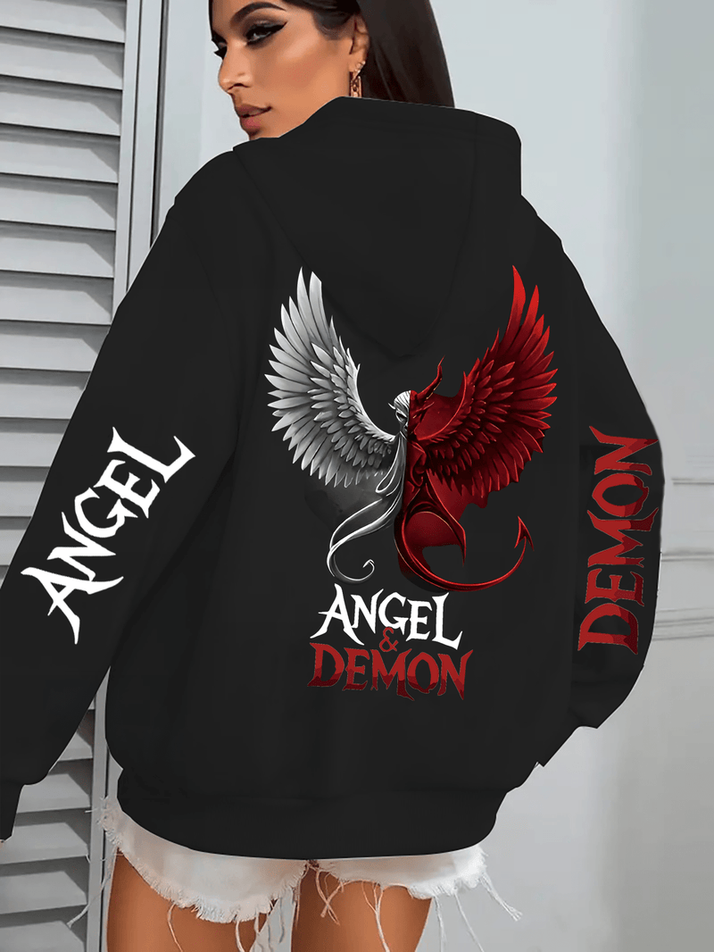 Hooded Sweatshirt with Angel and Demon Print.