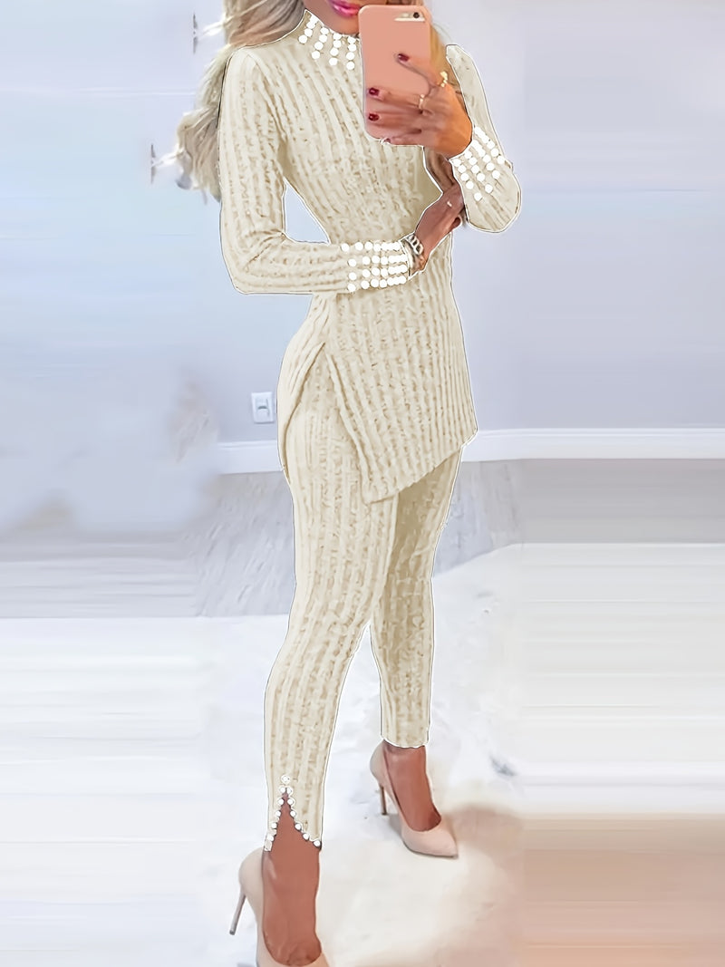 Elegant Women's Split-Top And Long Pants Outfit.