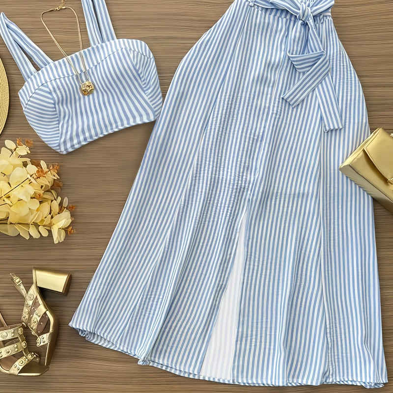 Women's Fashion Casual Commuter Striped Vest and Midi Skirt 2pcs Set.
