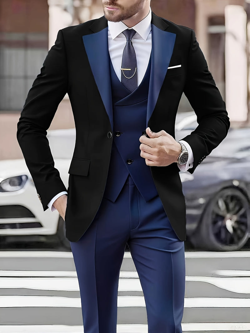Men's 3pcs Suit Set, Blazer + Vest + Trousers.