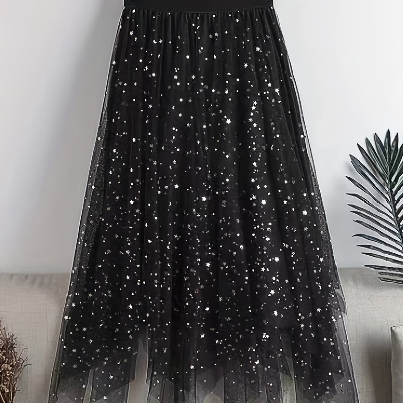 New Women's Sequin Mesh Midi Skirt, High-Waisted.