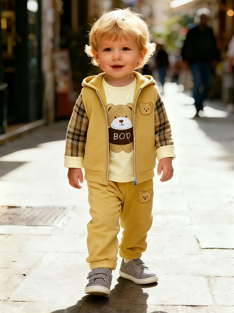 Baby Boy's 3pcs Set: Embroidered Bear Hooded Vest with Embroidered Bear Plaid Patchwork Top.