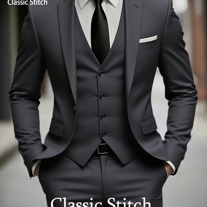 Men'S Three-Piece Suit with a Sophisticated Notch Lapel, Suitable for Weddings.