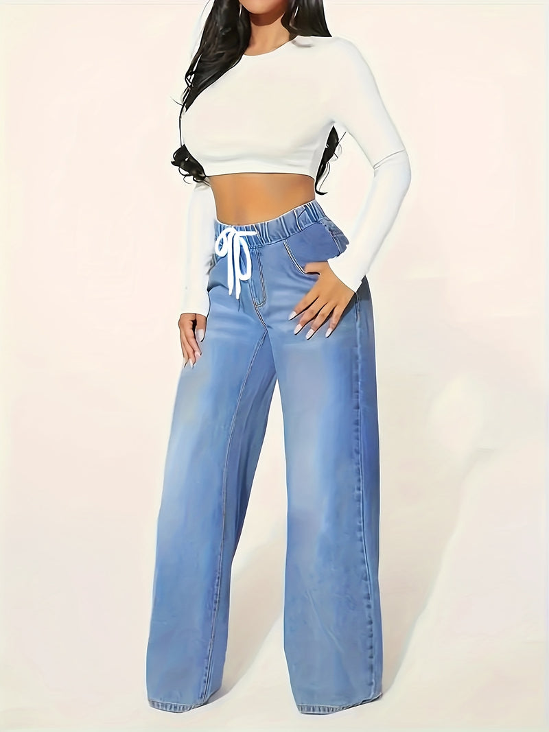 Women’s Drawstring Waist 25AW Elastic Waist Wide-Leg Jeans.