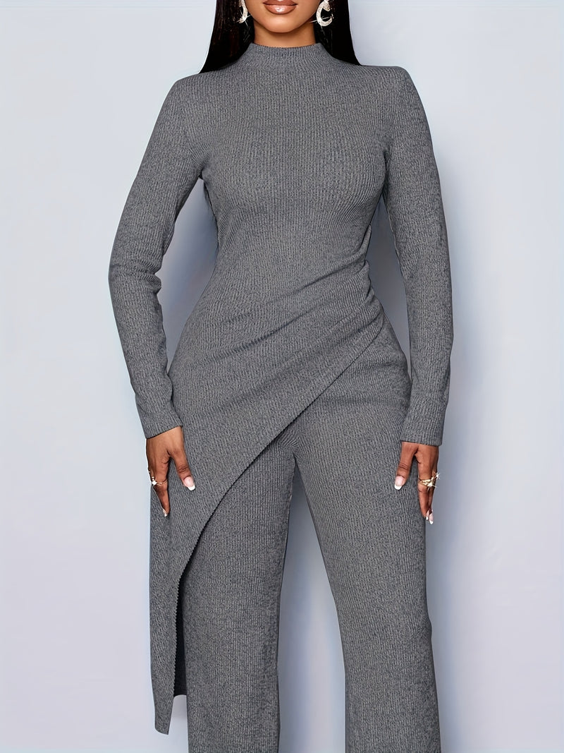 Women's Elegant Solid Color Fleece Ribbed Asymmetric Hem Top Paired with Flared Pants.