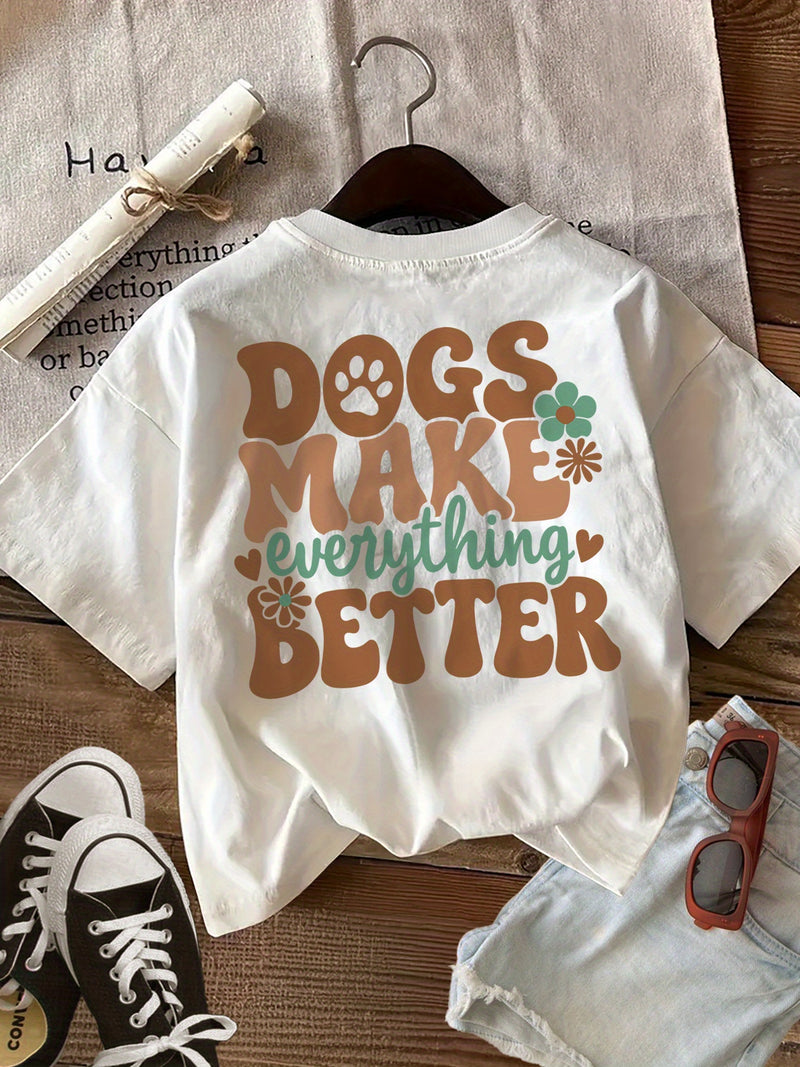 Women's Top Retro Style Paw Print Flower Dogs Make Loose Daily.