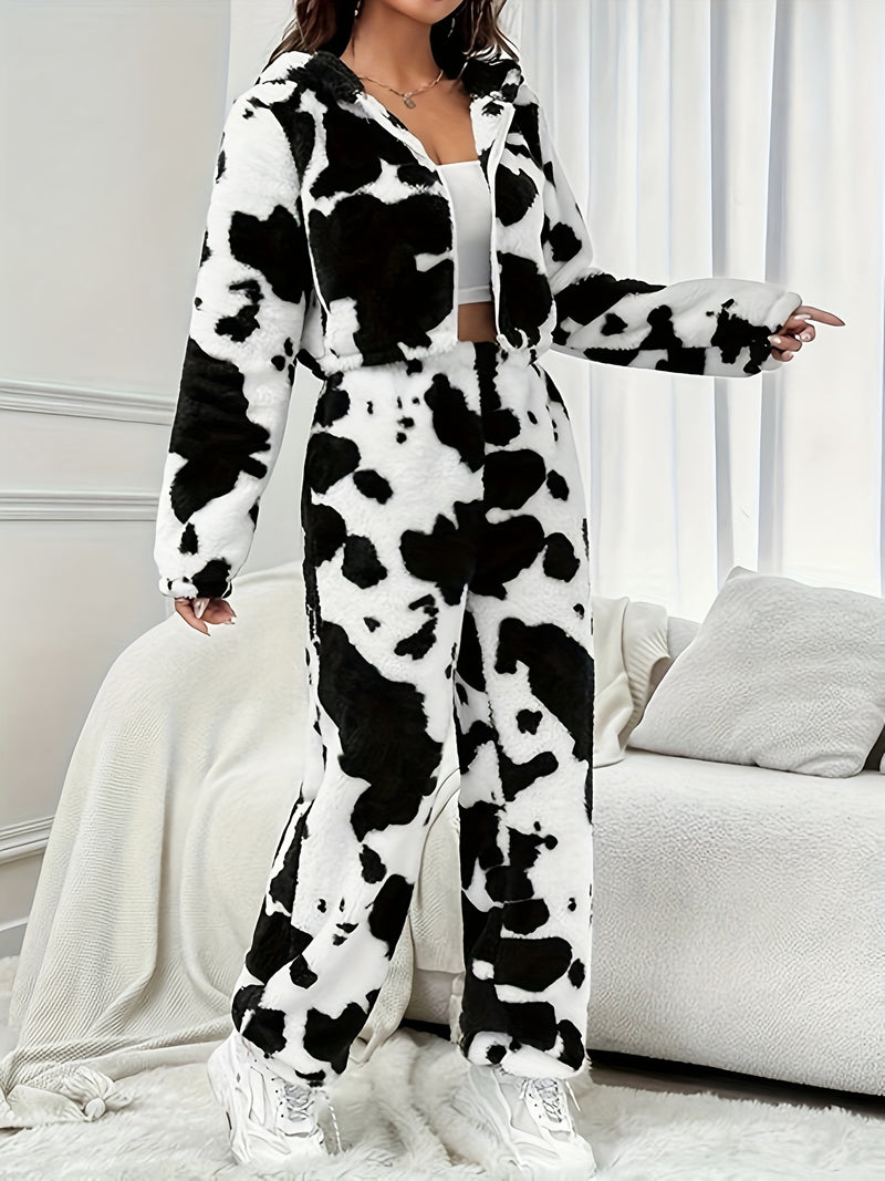 Women’s Cow-Patterned Hooded Plush Outfit.