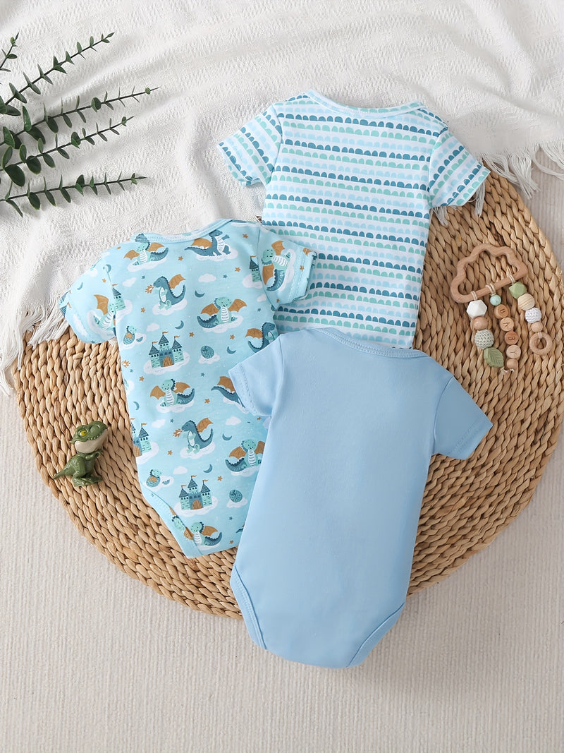 3pcs Newborn Baby Dinosaur Embroidered Bodysuits.