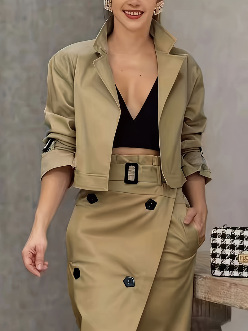 2pcs Women's Elegant V-Neck Blouse & Skirt Set.