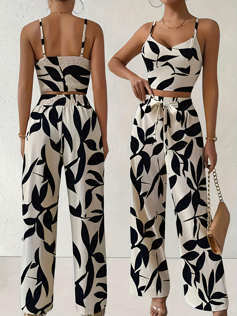 2-piece Women's Set with Thin Strap Stretch Camisole and Wide-leg Pants.