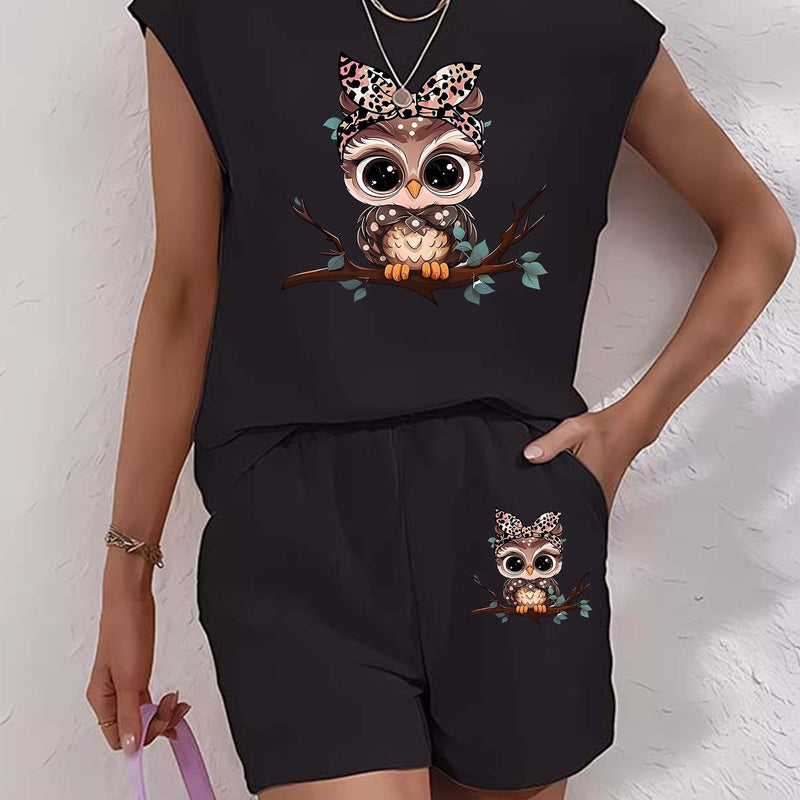 Women’s Graphic Print Two Piece Set, Short Sleeve T-shirt & Shorts.