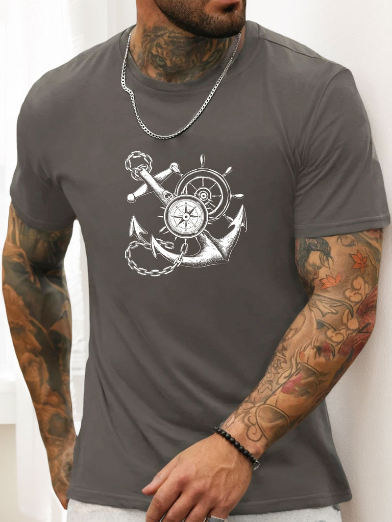Men's Casual Summer T-Shirt with Anchor and Compass Graphic.