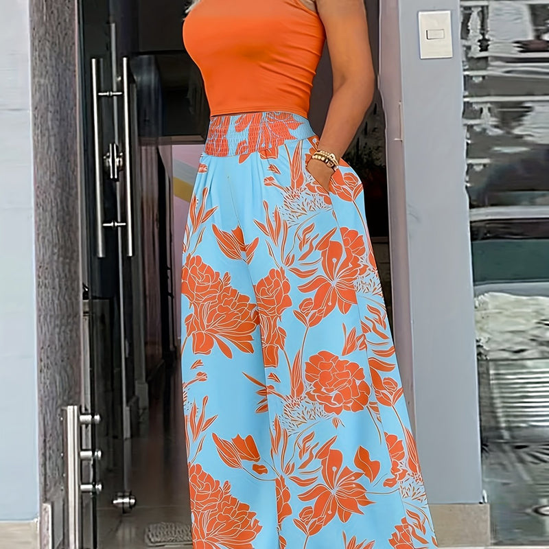 Women's Slim Fit Tank Top Floral Print Wide Leg Pants Two-Piece Set