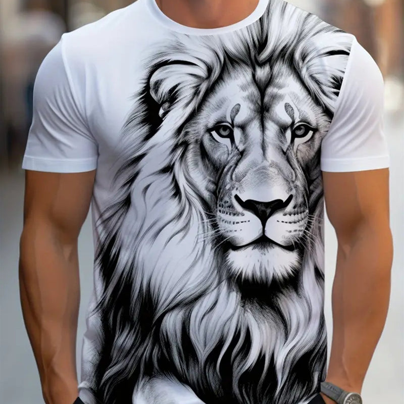 Men’s T-shirt Streetwear Featuring a 3D Print Lion Graphic.
