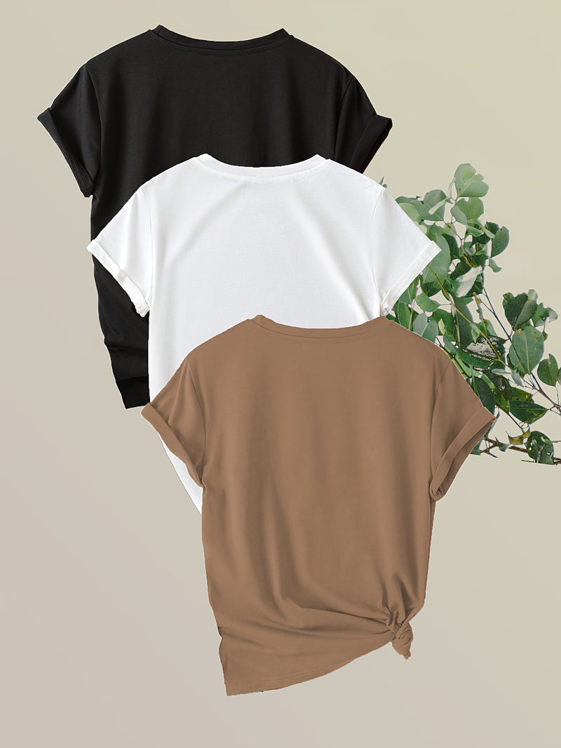 3pcs Women'S Short Sleeve T-Shirts with Inspirational Letter Print.