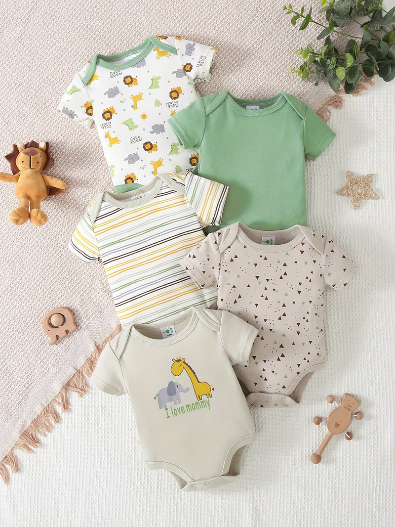 5pcs Baby Boy Short-Sleeve Romper Bodysuit Set, Cotton Cute Cartoon.
