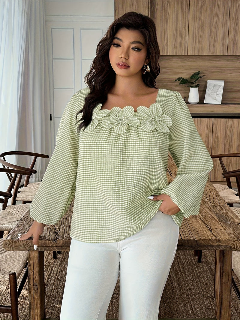 Plus Size Checkered Floral 3D Decorative Long Sleeve Women's Autumn Shirt.