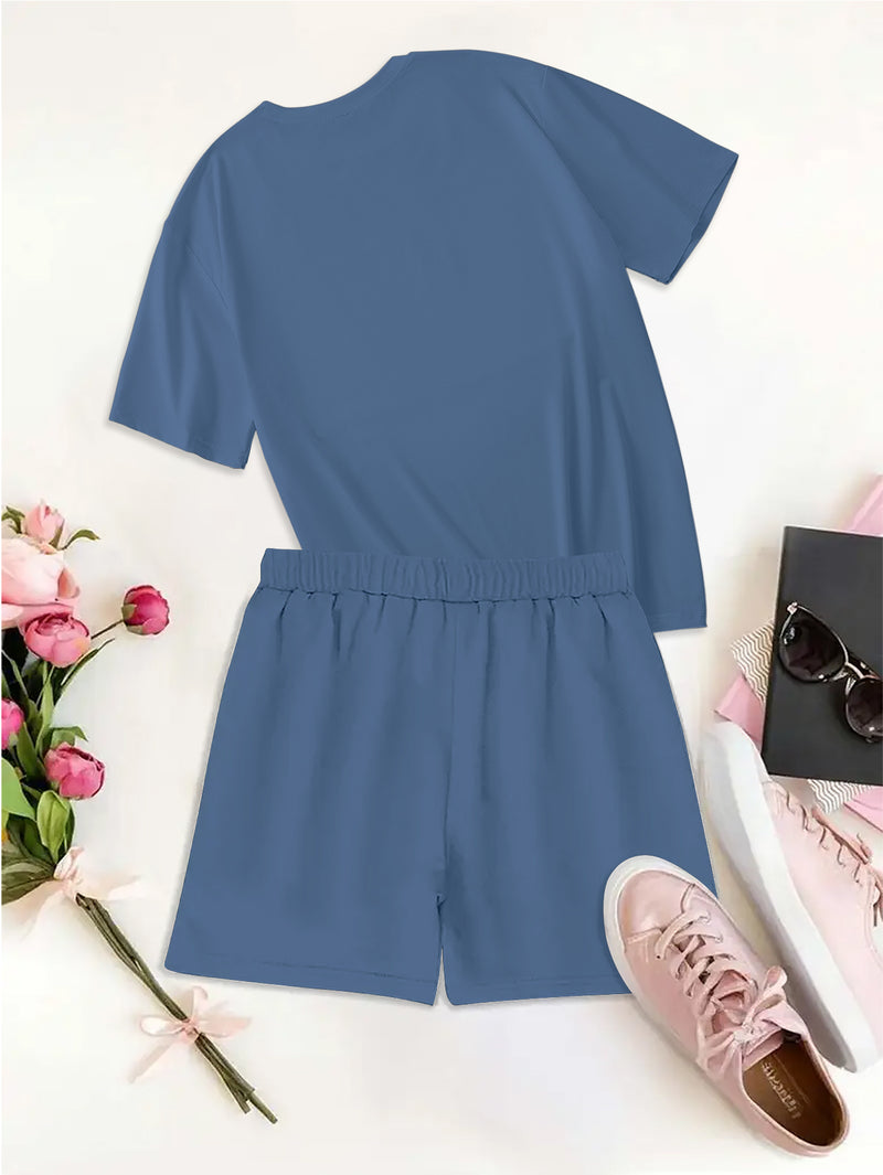 Women's Fashion Cartoon Puppy Print Short Sleeve T-Shirt and Shorts.