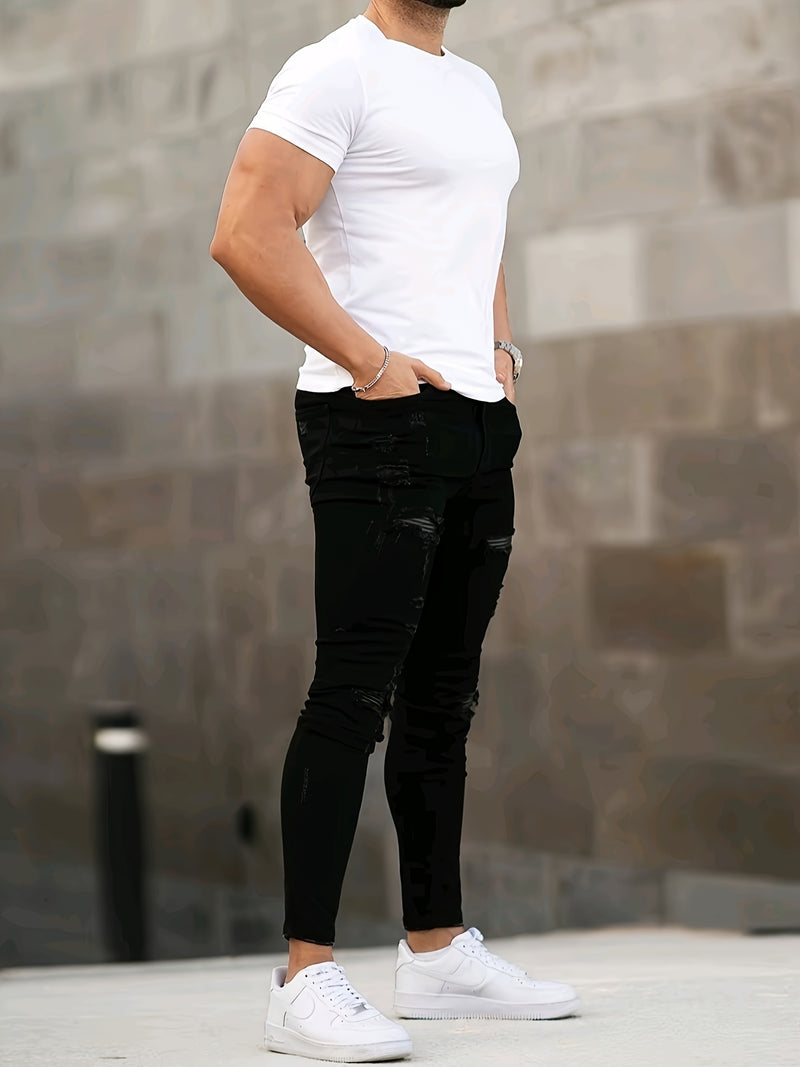 Men's Classic Ripped Patchwork Stretchy Slim-Fit Jeans.