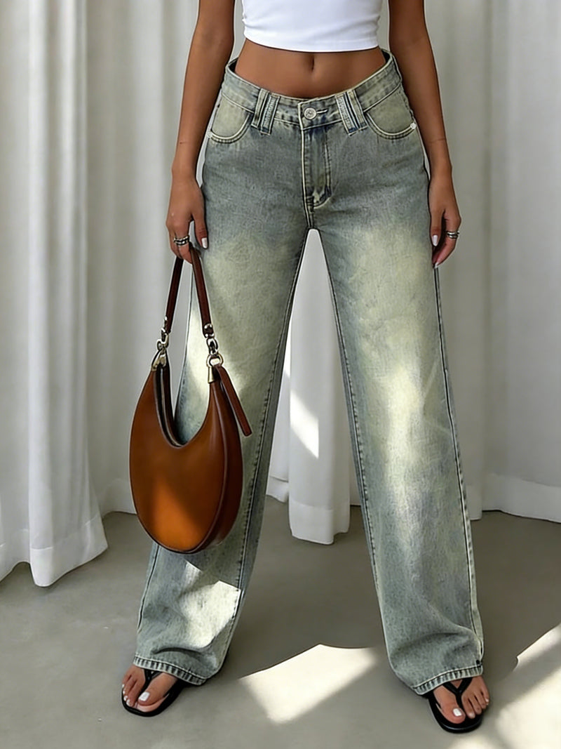 Women's Autumn/Winter High Street Trendy Vintage Washed Jeans.