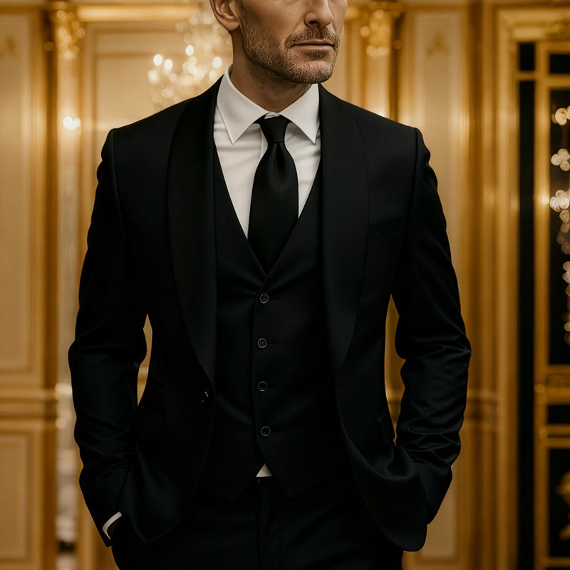 3pcs Suit Set for Men, Single-Breasted One-Button Black Suit And Trousers Set.