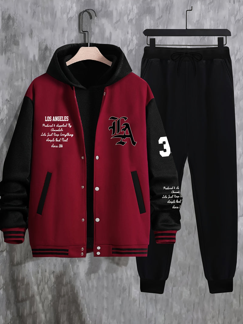 Men's 2pcs Baseball Jacket and Sweatpants Set with Overlapping.