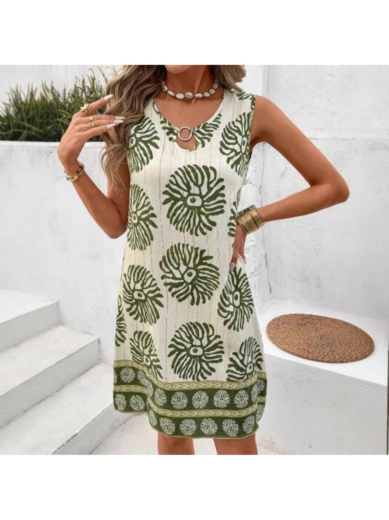 Women's Summer Fashion Dress, Casual Vacation Sleeveless Round Neck Printed.