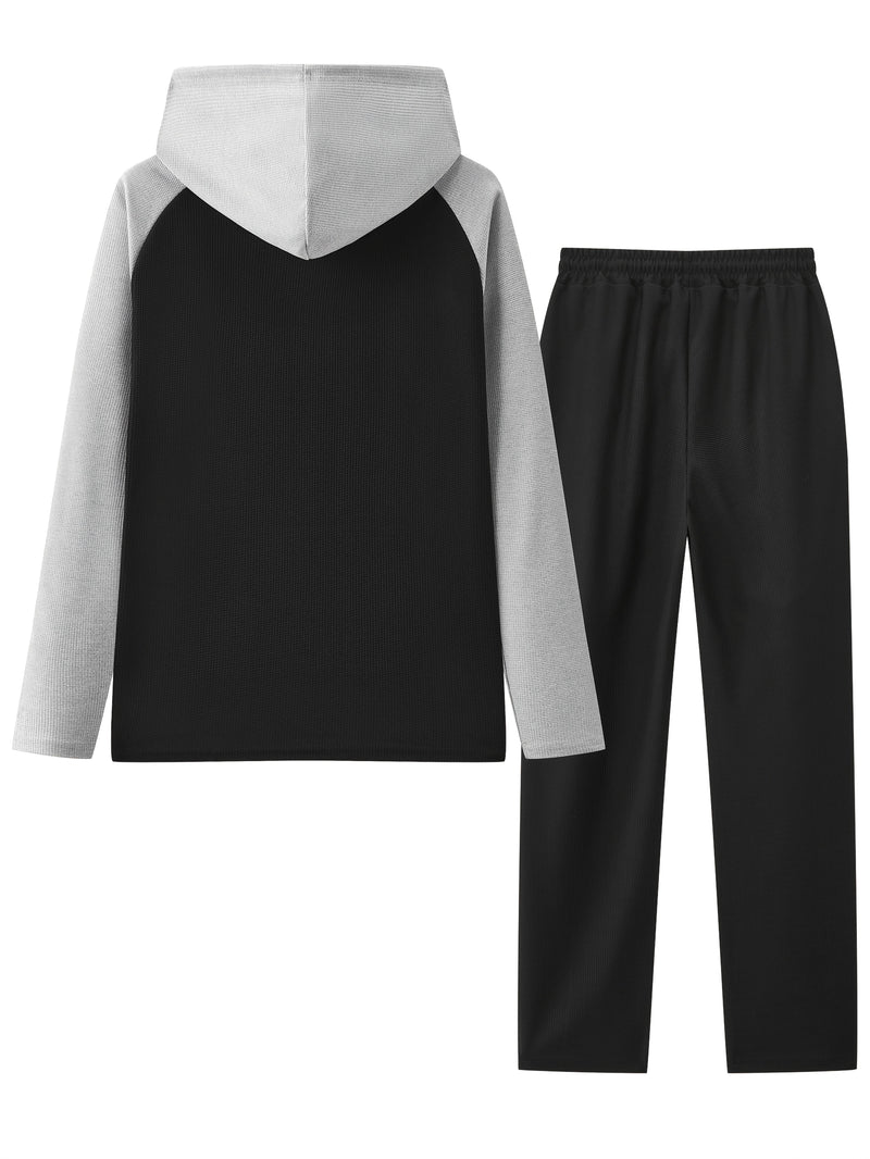 Men's Waffle 2pcs Hooded Sweatshirt Set Top Color Block.