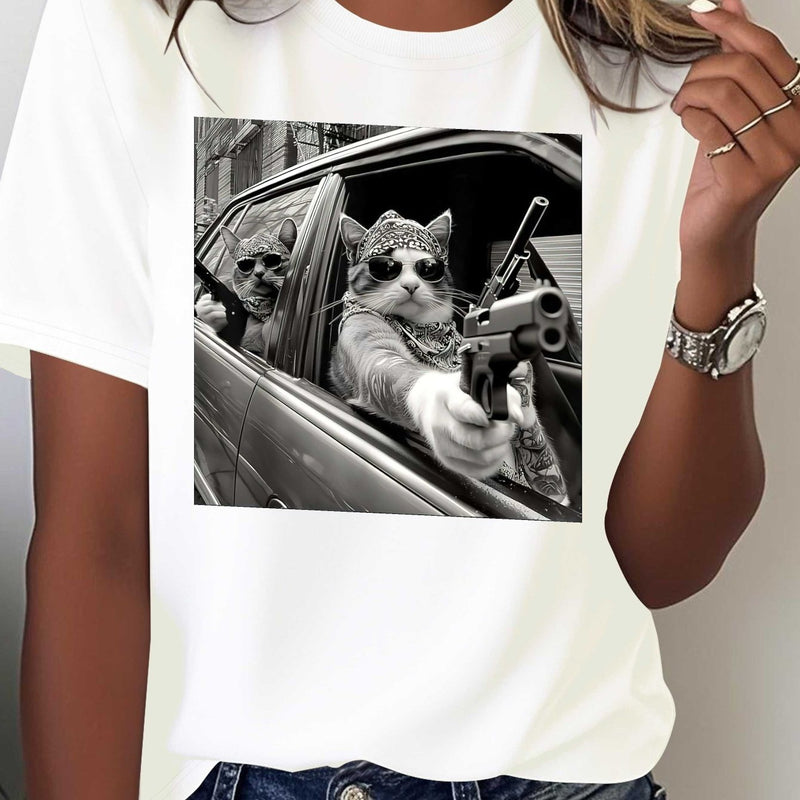 Women's Pure Gangster Cat Print T-Shirt.