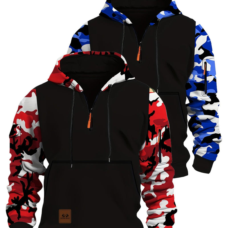 Men’s A Set of Two Trendy Camouflage Hoodies with a Half-Zip Design.