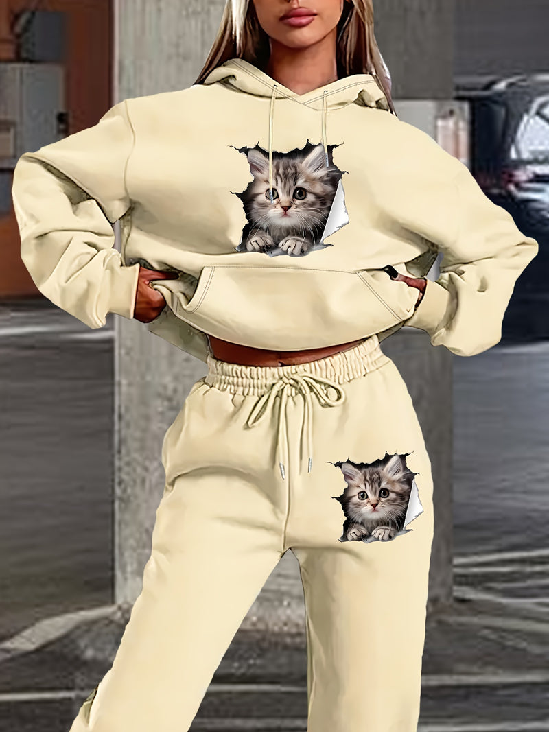 Women's Polyester Hooded Tracksuit with Cat Print.