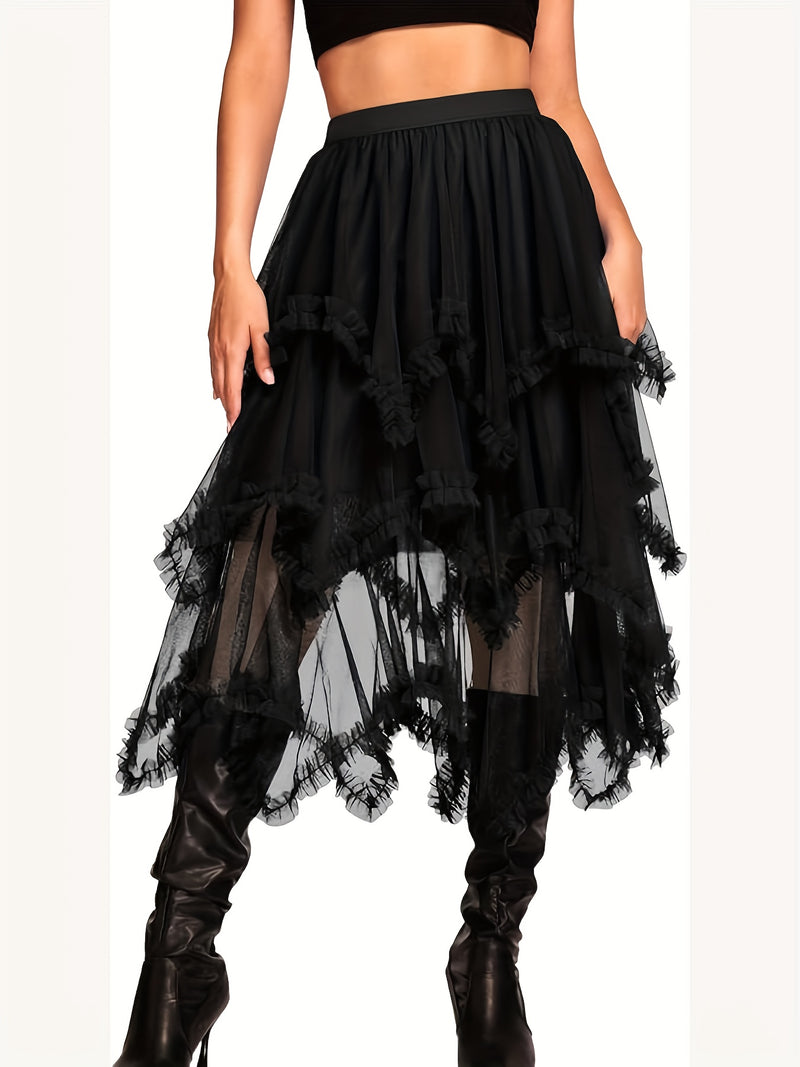 Women’s Punk-Inspired Layered Tulle Skirt with a Black Gothic Mesh.