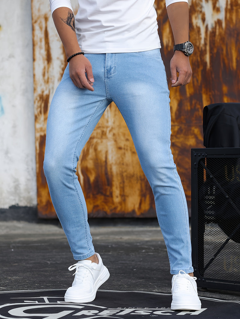 Men's Stretch Skinny Jeans - Light Blue Washed Street Style.