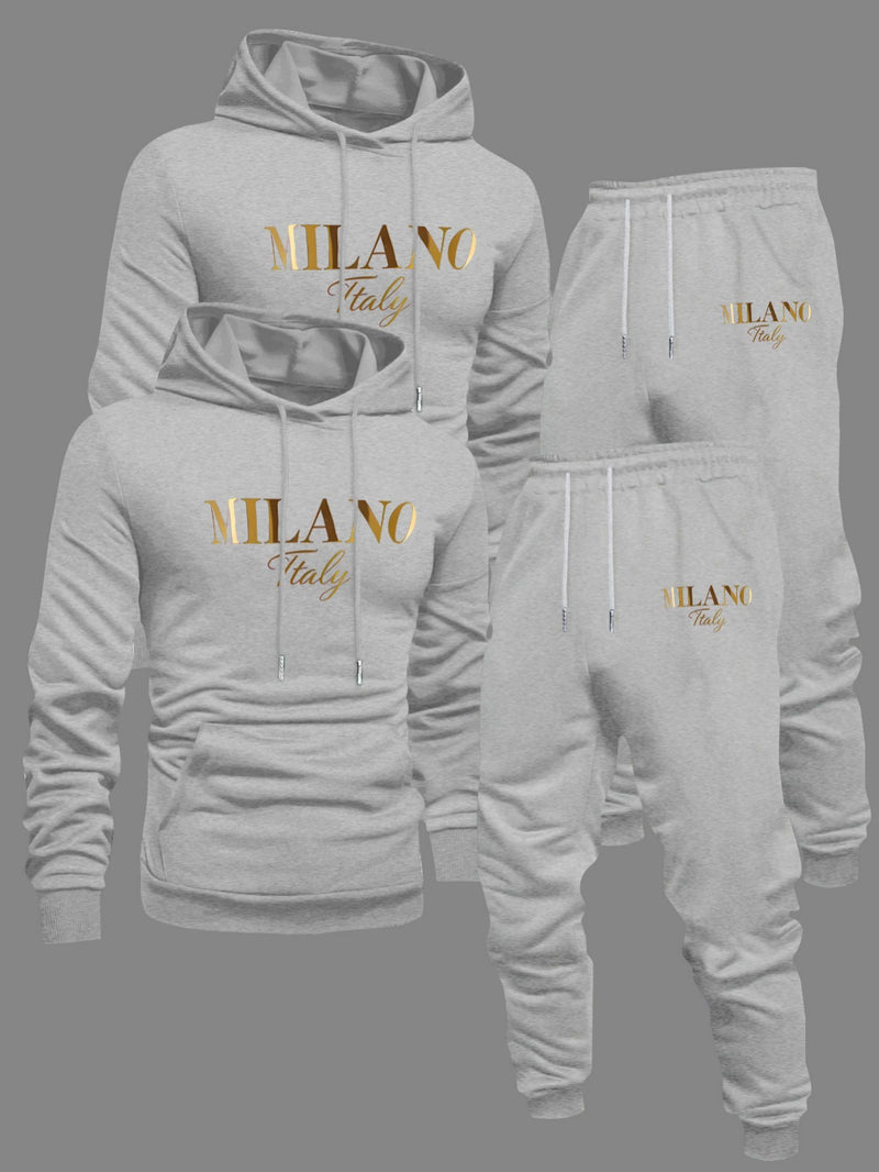 Men's Fashion Slogan Hoodie Four-Piece Set with Drawstring Elastic.