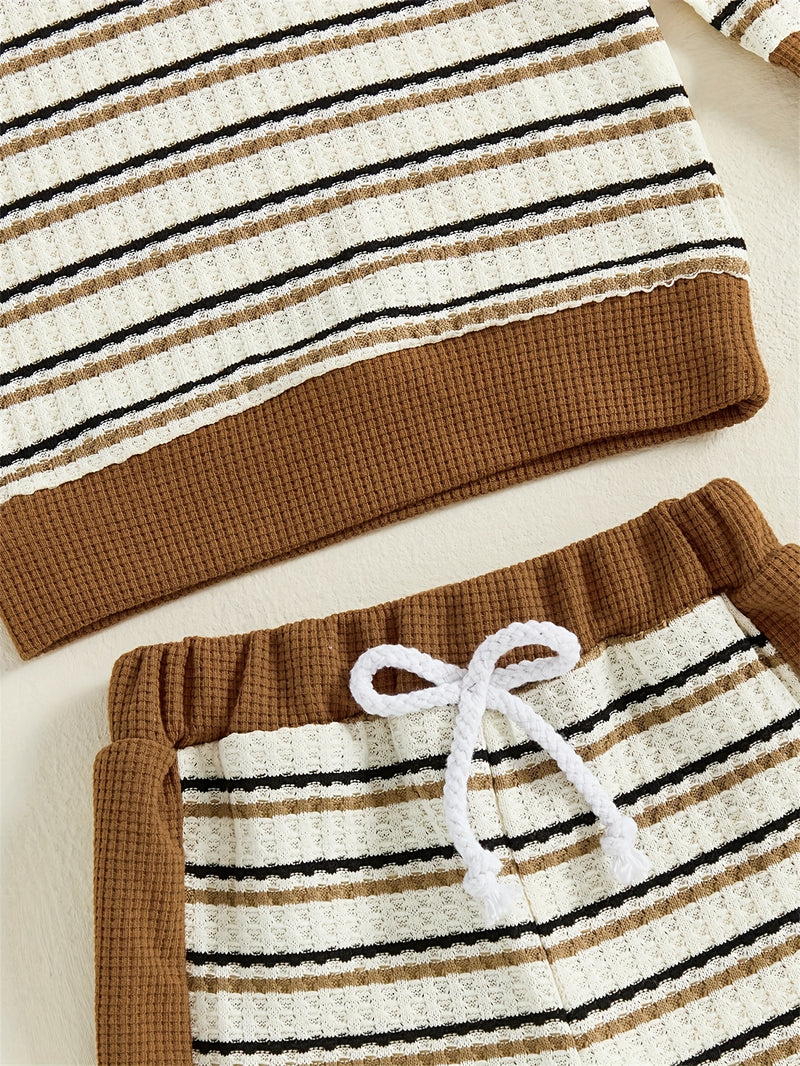 Toddler Boys Waffle Stripe Lapel Collar Sports Set.