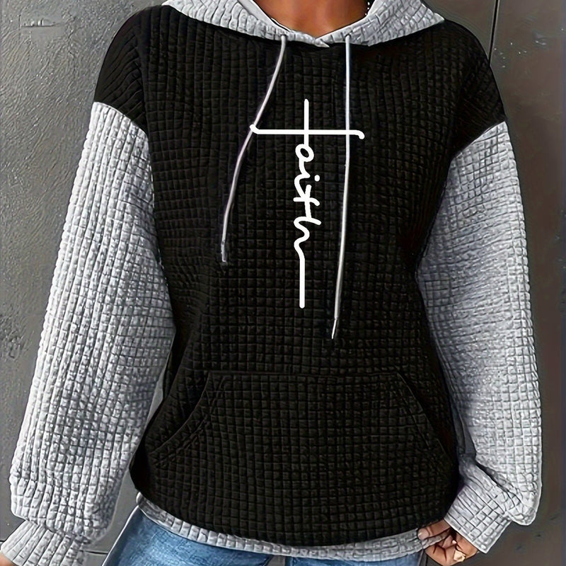 Women's Casual Oversized Hoodie with Checkered Texture & Letter Print.