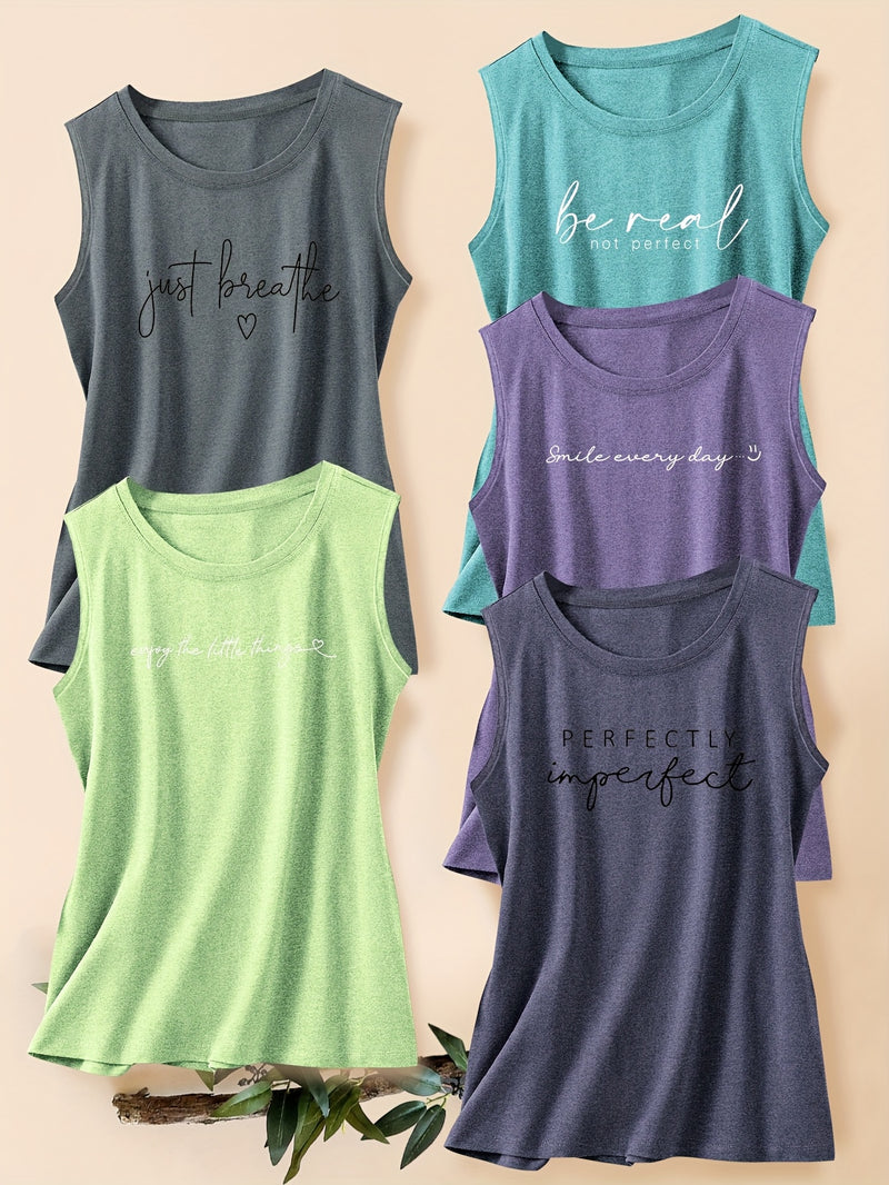 5pcs Women's Vest Tops with English Letter Print.