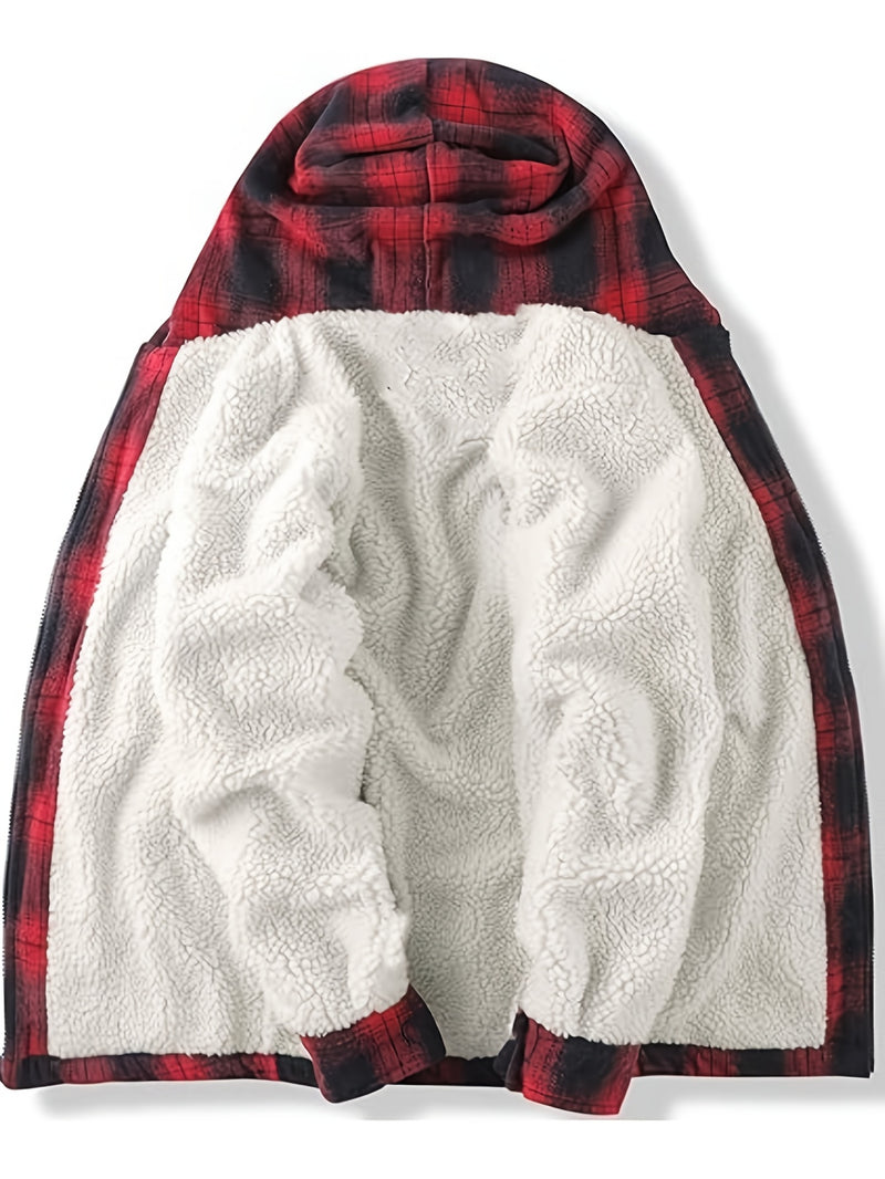 Men's Warm Jacket with Sherpa Lining, Plaid Hooded Zip-Up Winter Coat.