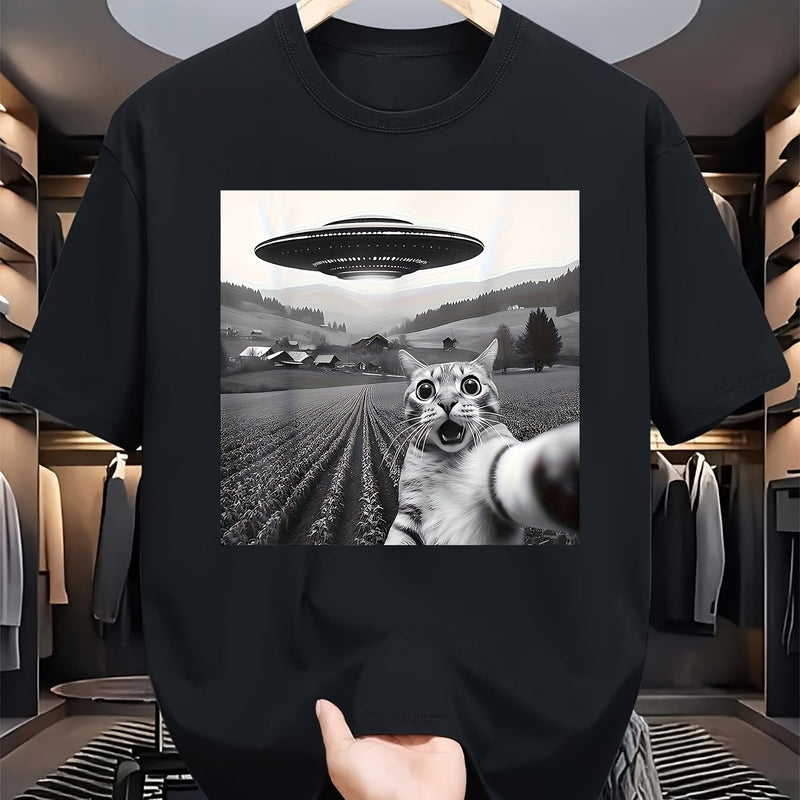 Men's Black Cotton T-Shirt with Funny Cat and UFO Print.