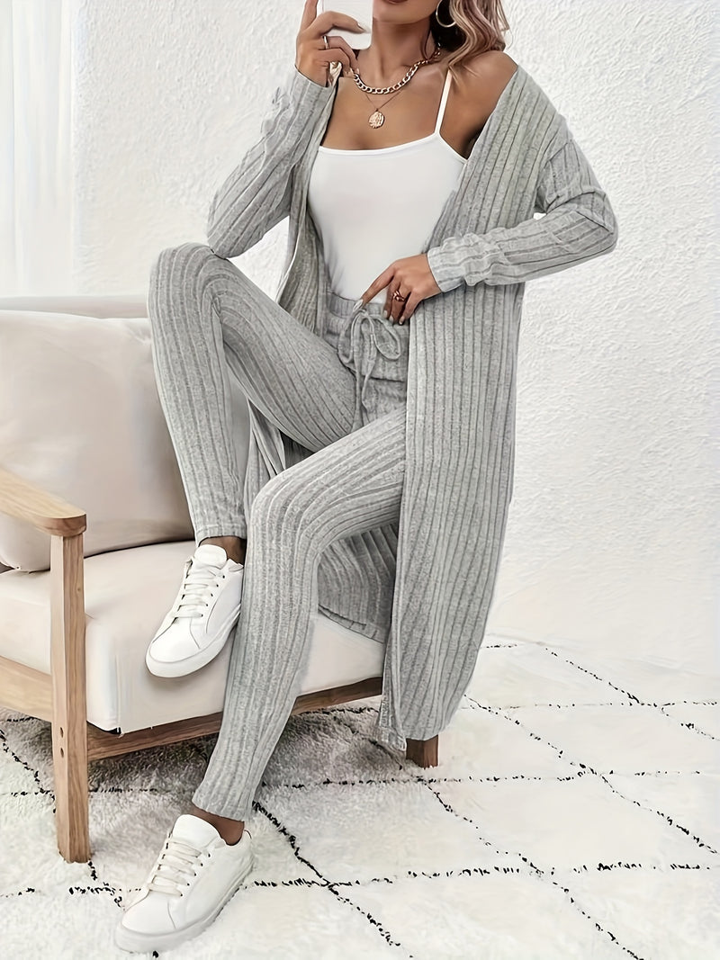 Women's Brushed Wide Stripe Solid Color Long Sleeve Long Cardigan And Pants.