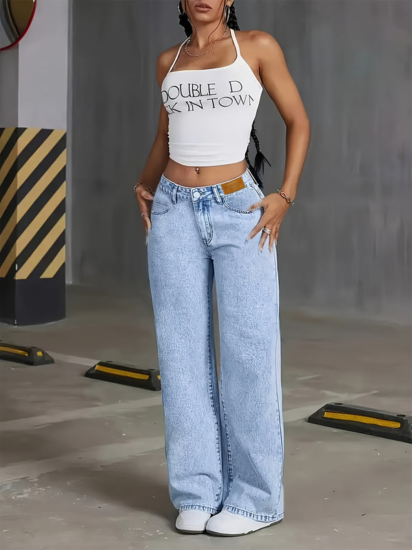 Women's Distressed Snowflake Washed Loose Straight-Leg Jeans.