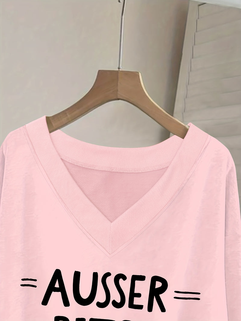 Women's Pink V-Neck Long Sleeve Sweater with German Letter Print.