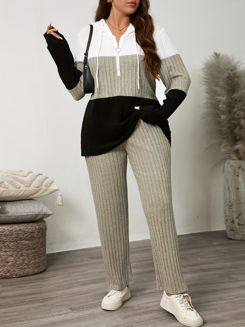 Women's Ribbed Casual Patchwork Hoodie Set.