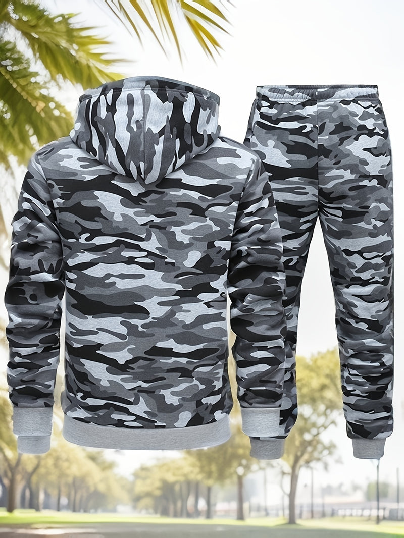 Men's Camouflage Print Hooded Sweatshirt and Jogger Set.