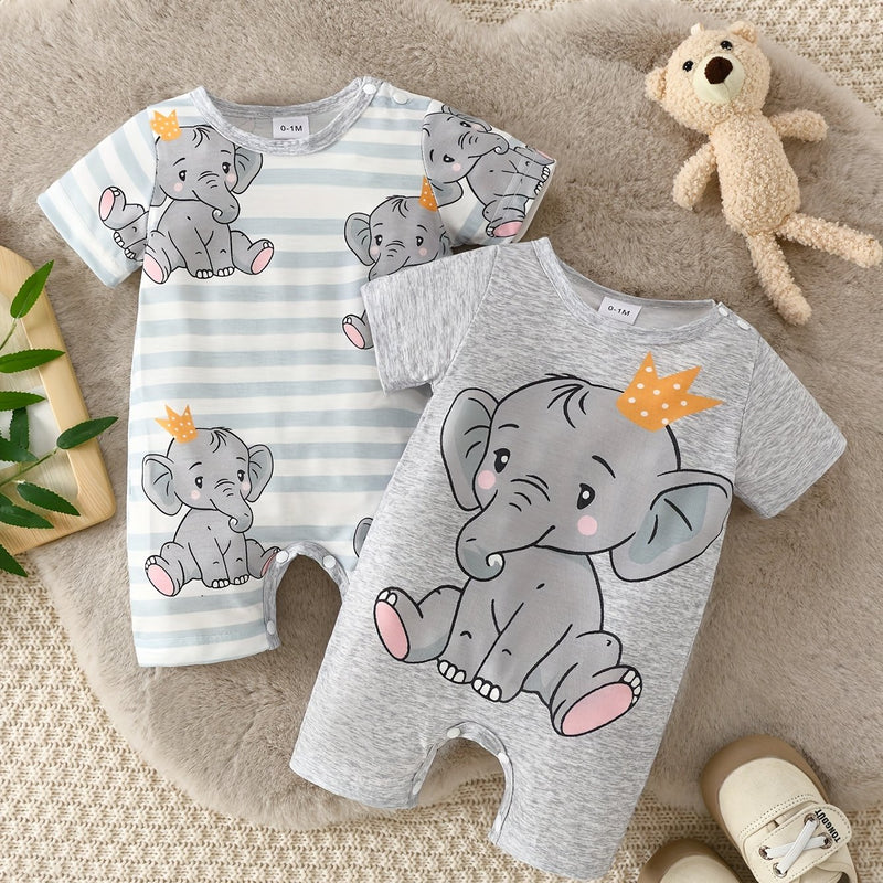 Two Sets of Baby Short-Sleeve Bodysuits with Elephant Patterns.