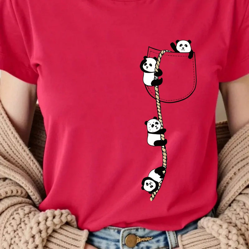 Women’s  Pocket Panda Climbing Rope Cute Pattern Print Fashion Crew Neck T-Shirt.