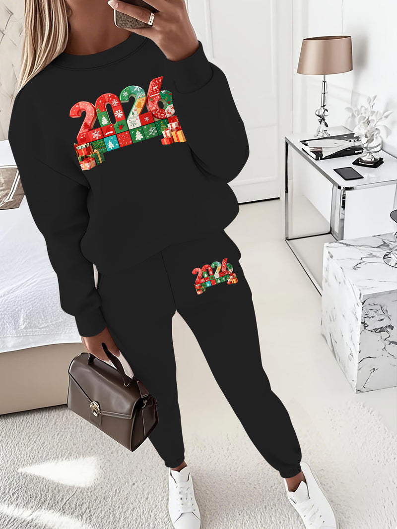 Women's Pullover Round Neck Sweatshirt And Tapered Pants Two-Piece Set.