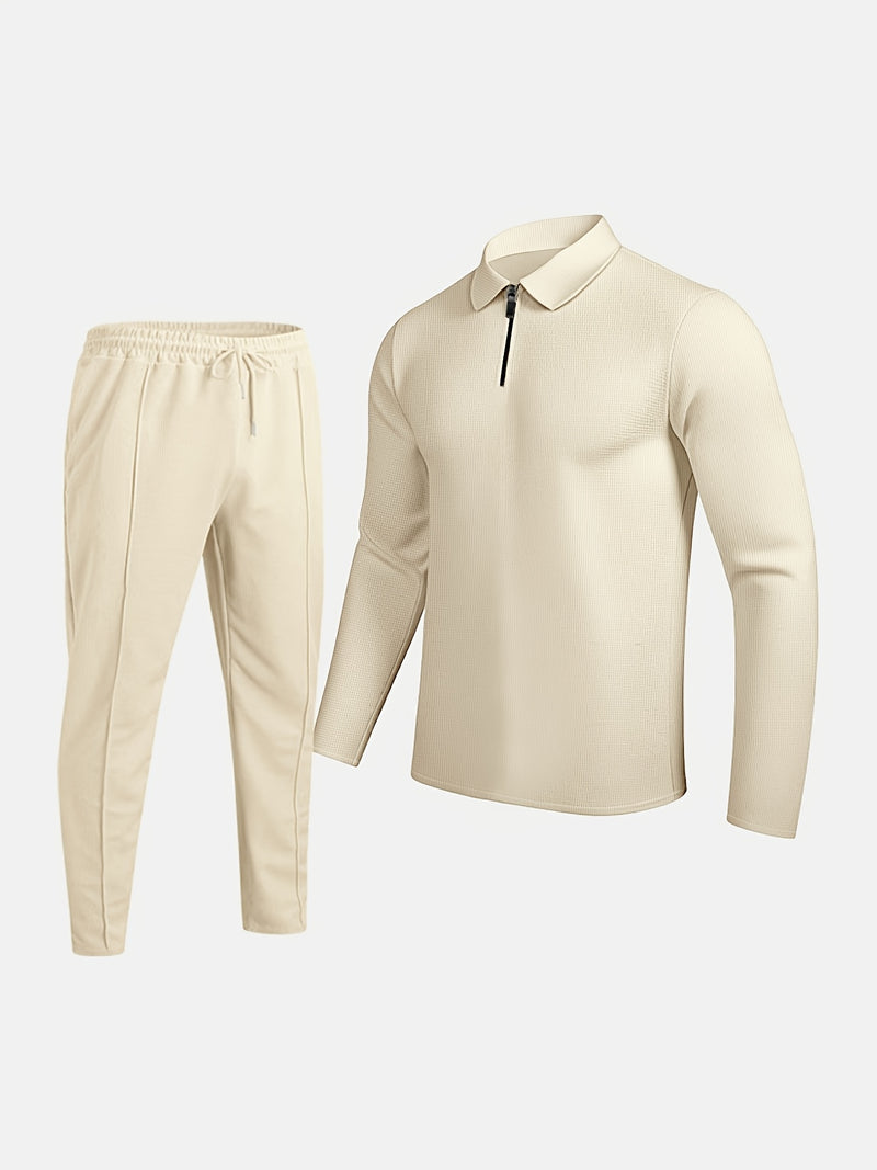 Men's Casual Suit Solid Color Long Sleeve Top Long Pants.