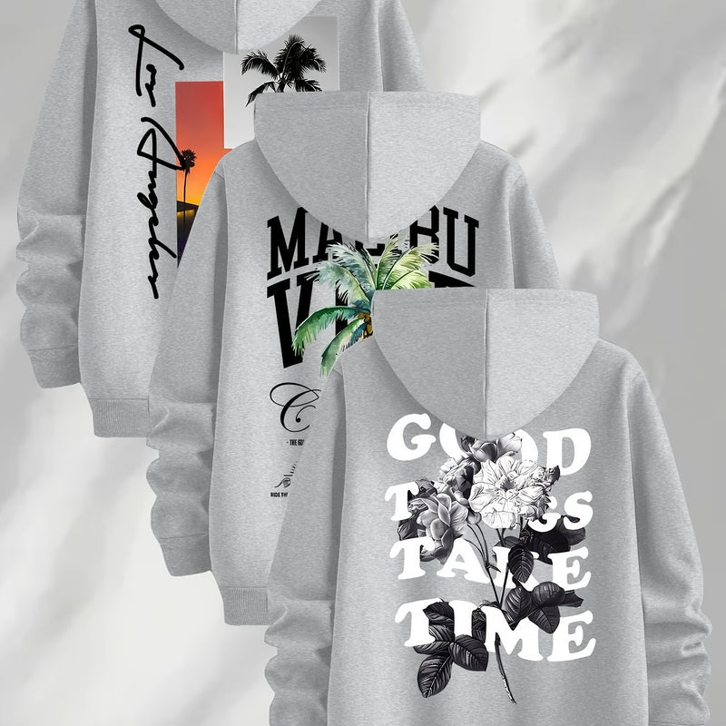 3pcs Trendy Print Sweatshirt, Men's Casual Hooded Sweatshirt.