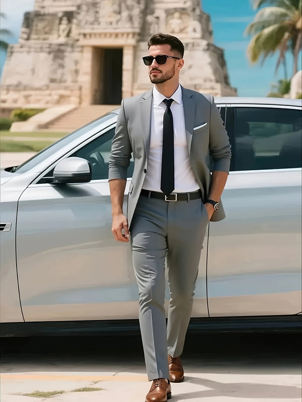 A Classic And Elegant Solid Color Two-Piece Suit for Men, Suitable Formal.